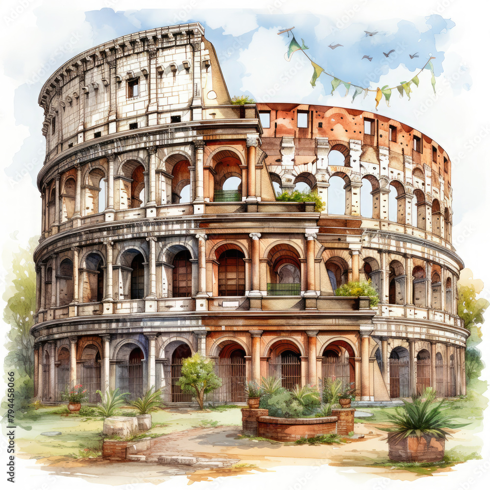 Watercolor colosseum, clipart Illustration, Generative Ai