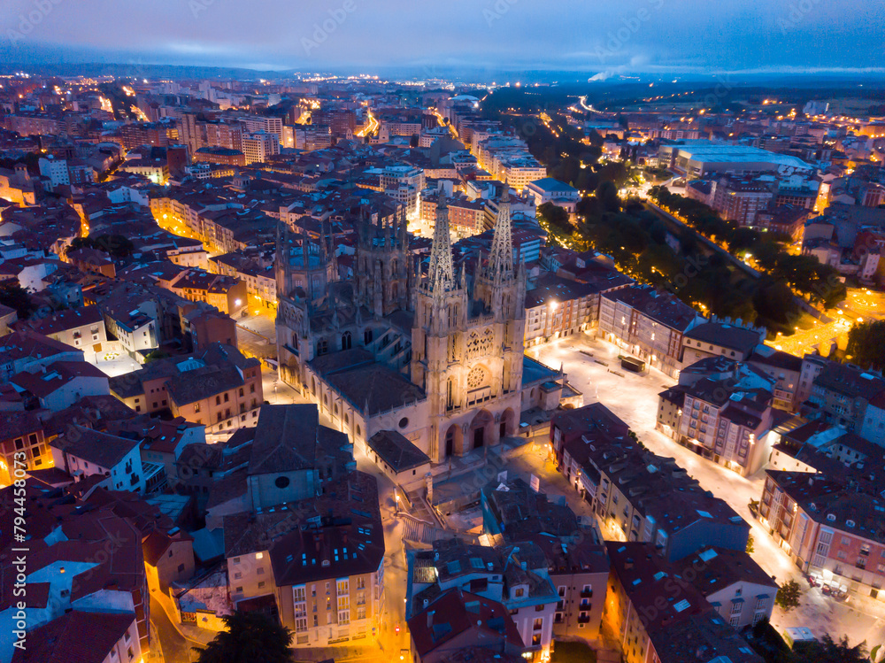 Evening view of the Burgos city with buildings and Cathedral from high, Burgos, Spain