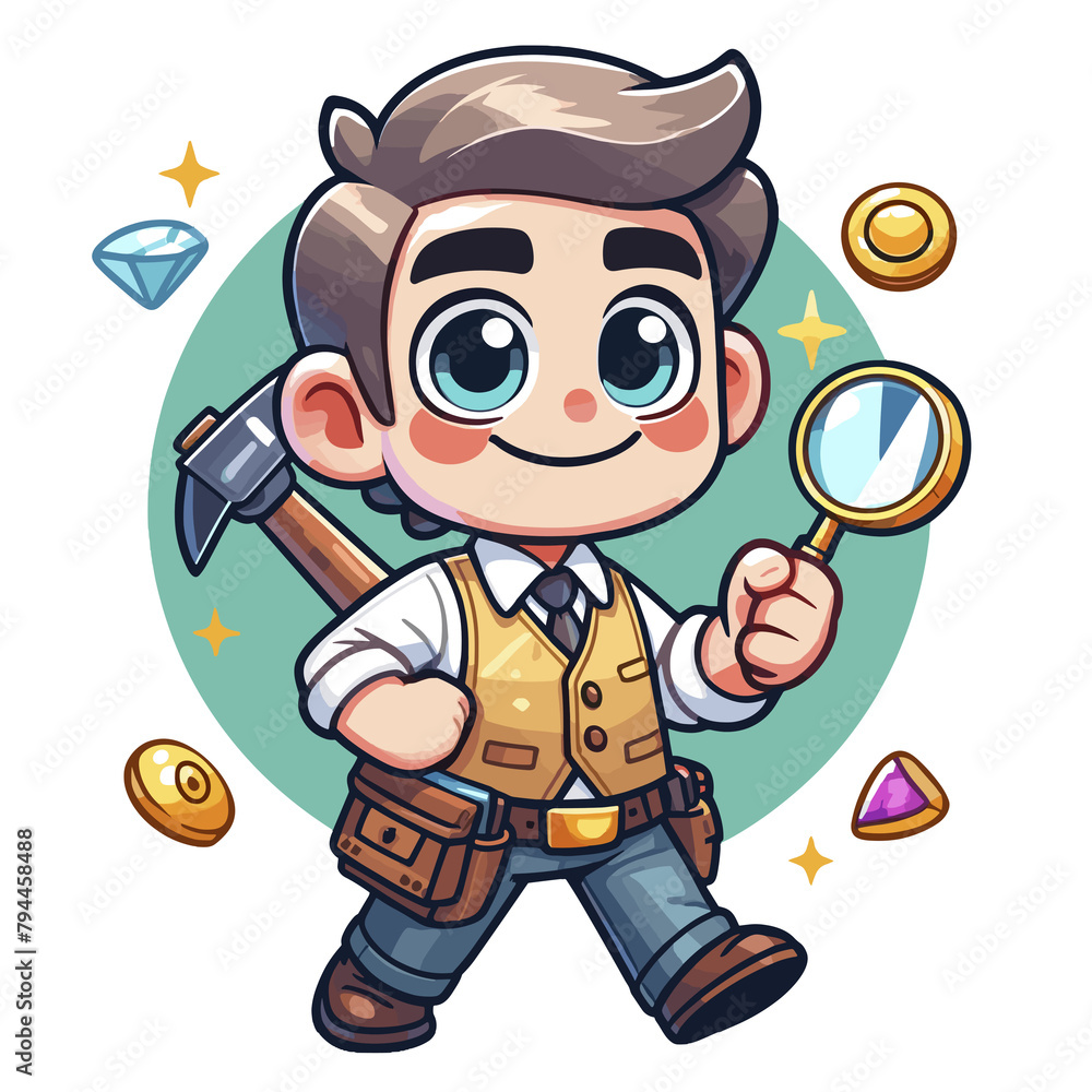 Animated Prospector Boy with Pickaxe and Magnifying Glass, Gem Hunting Adventure, Turquoise Circle with Copy Space