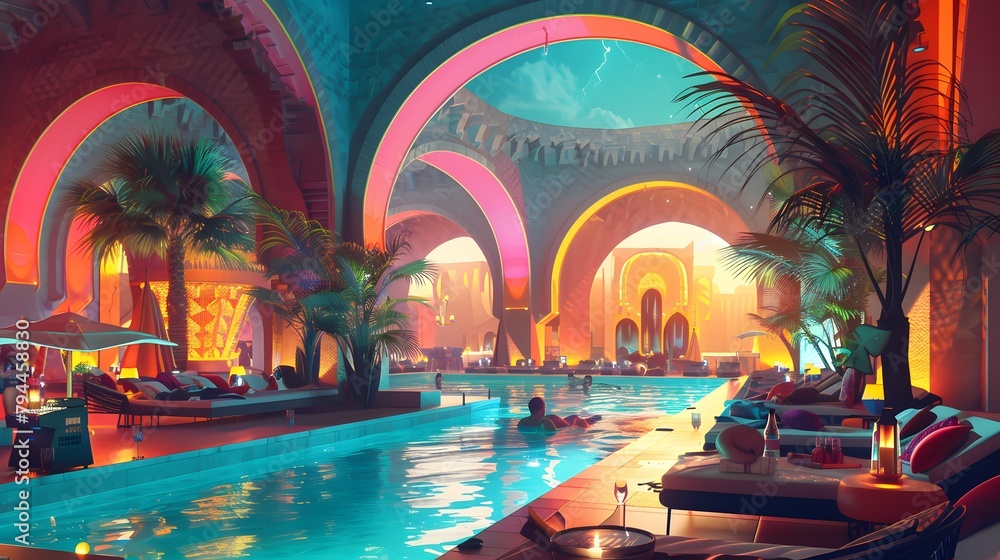 stylish interior of a beach club filled with vacationers with a swimming pool and alcoholic cocktails and a party with a DJ in a futuristic style 