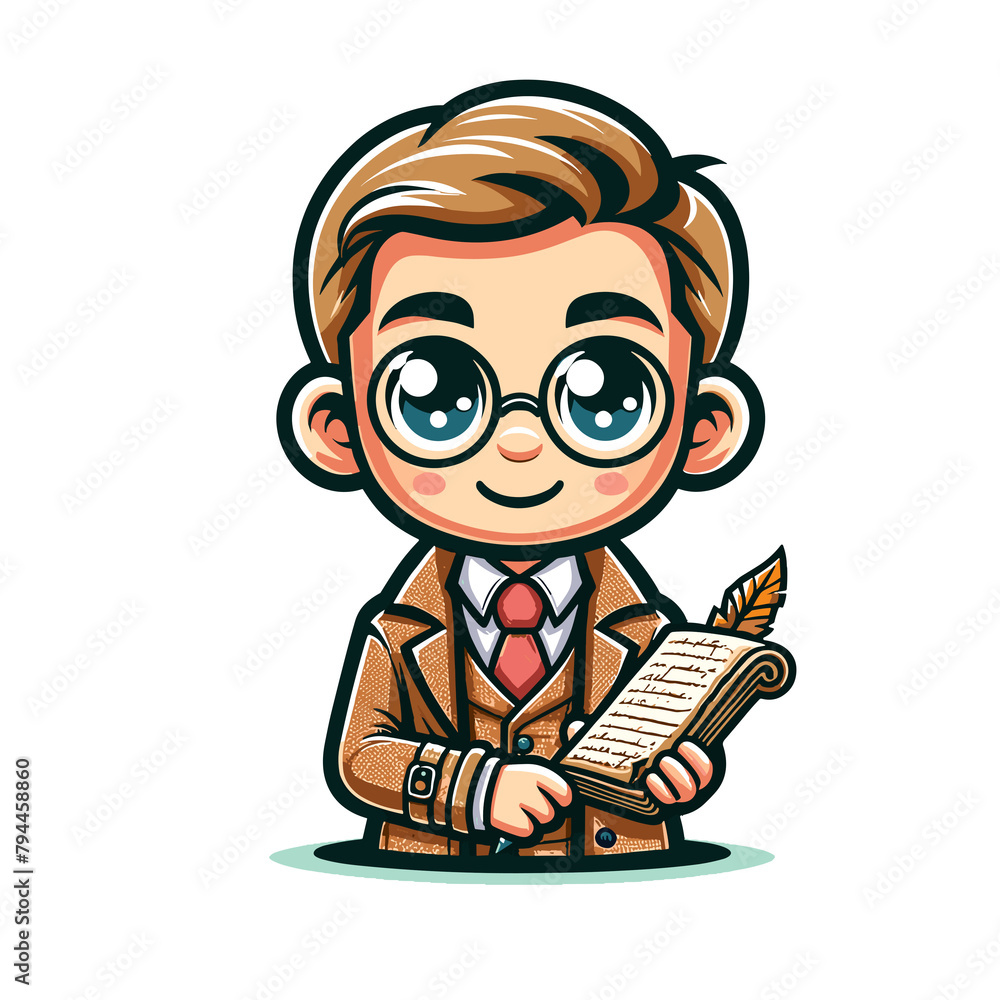 Intelligent Cartoon Boy with Quill and Scroll, Young Writer Concept
