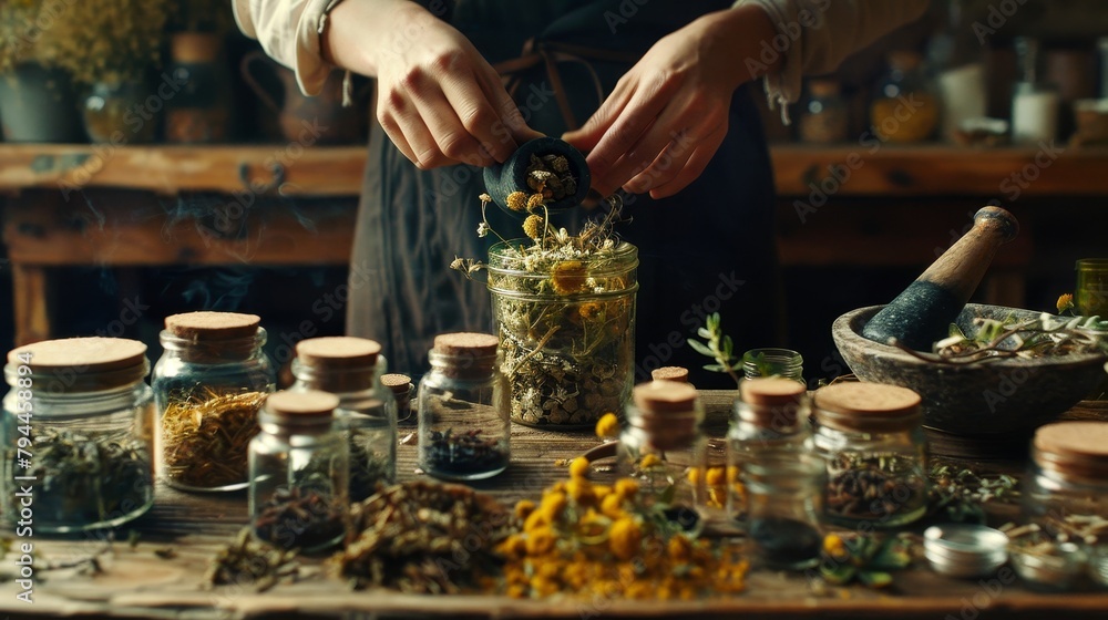 custom made wallpaper toronto digitalPerson Preparing Herbal Remedies in a Rustic Kitchen Setting