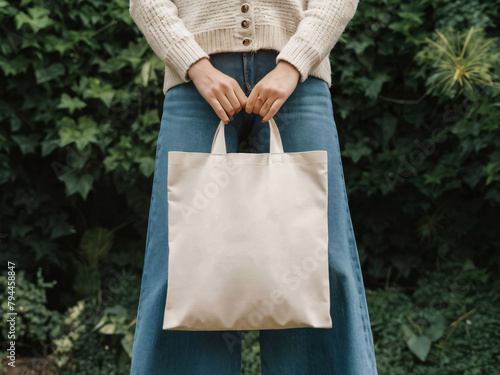 Mujer sostiene bolsa de compras blanca, espacio para publicidad photo