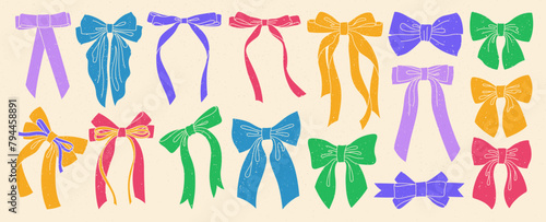 Ribbon bows vintage set with grunge effect. Trendy tape icons for celebrations Valentines Day, wedding birthday decoration. Various cartoon bow knot gift ribbon. Cute textured art vector illustration