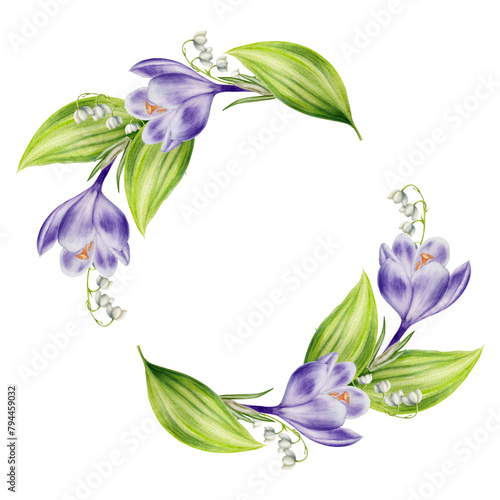 Watercolor frame, wreath, logo, template with bouquet of blooming crocus, lily of the valley flowers and leaves isolated on background. Spring and easter botanical templates, banner. Hand painted