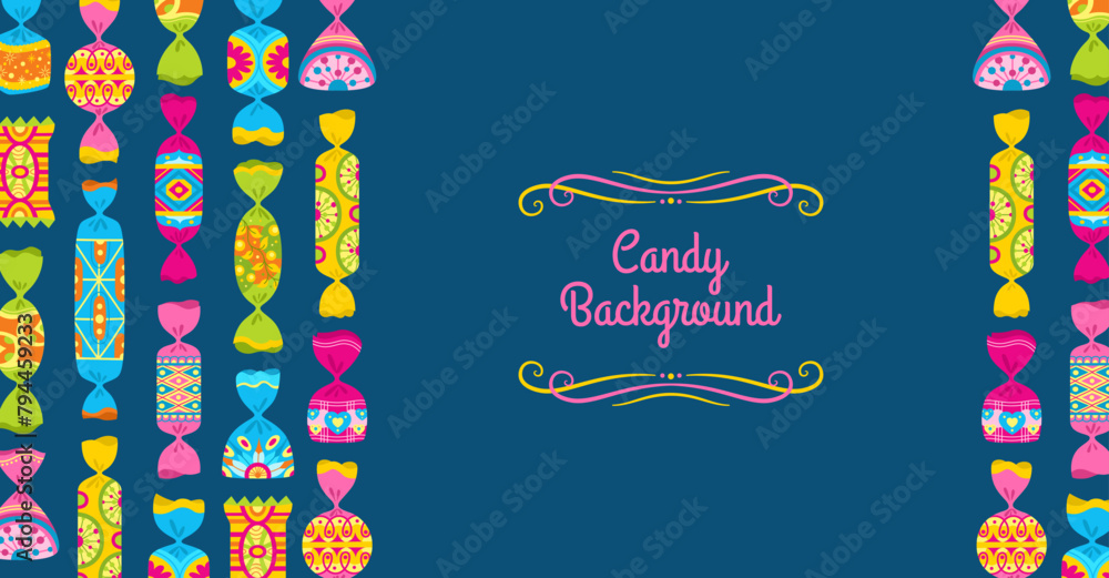 Banner with cartoon wrapped candy. Simple sweets and place for text poster candy shop celebration. Tasty sugar dessert various shape postcard for childish party. Wrapped cartoon vector background