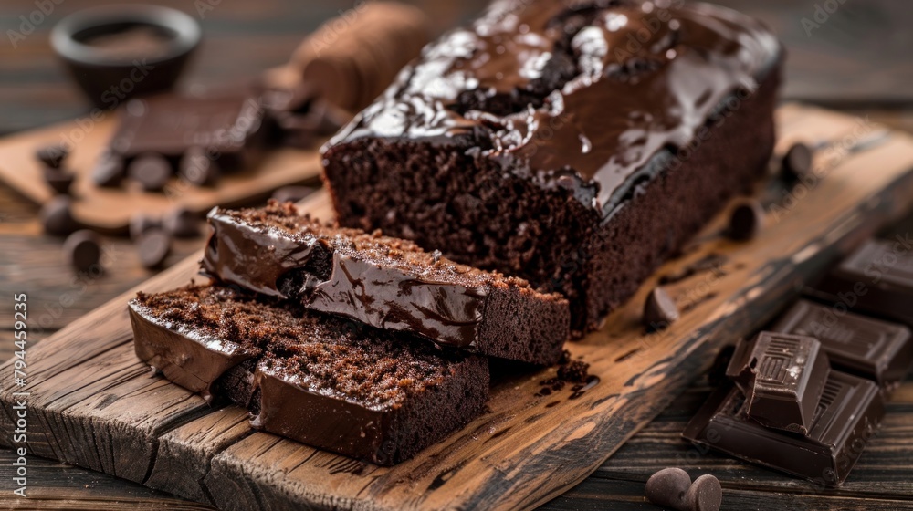 Chocolate pound cake. Loaf of cake sliced into pieces and served with chocolate ganache cream. Brown wooden background. Dark mood. Chocolate pound cake. Loaf of cake sliced into pieces and served with chocolate ganache cream. Brown wooden background. Dark mood.