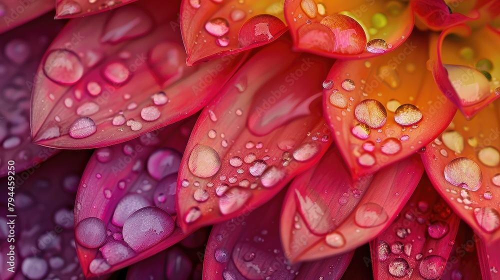 Colorful dahlia petals and raindrops captured in a garden during rain