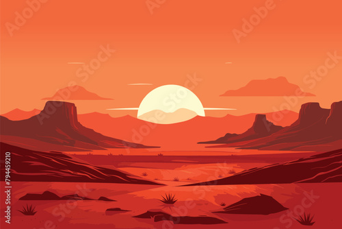 Desert landscape abstract art background. Sunrise sunset in Texas western mountains and cactuses. Vector illustration of Wild West desert with red sky and sun