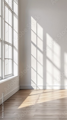 A empty room with a window and hardwood floor, AI