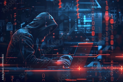 a hacker man in a hood with his laptop sits at a table with binary code in the background.