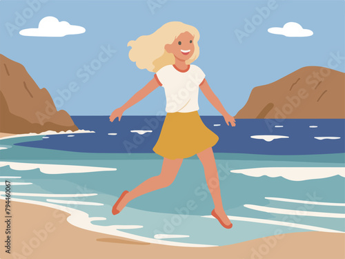 Joyful Beach Vacation - Vector Illustration of a Happy Girl Jumping Amidst Beach Scenery.