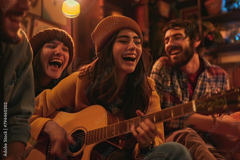 a young man was holding an acoustic guitar with his friends sitting singing and laughing.