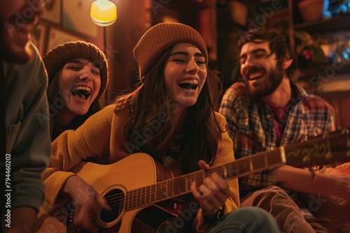 a young man was holding an acoustic guitar with his friends sitting singing and laughing.