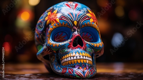 Colorful hand-painted Mexican skull celebrating Day of the Dead traditions