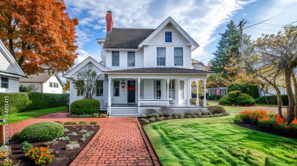 Classic white clapboard house with the red brick sidewalk.