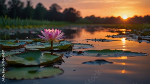 Beautiful Lotus Flower Blooming in a Serene Pond at Sunset
