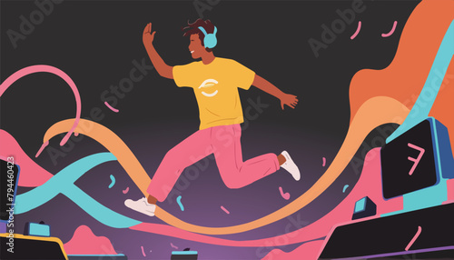 Rhythmic Jumping - Exciting EDM Waves with Enthusiastic Personnel. Flat Vector Illustration. EPS 10.