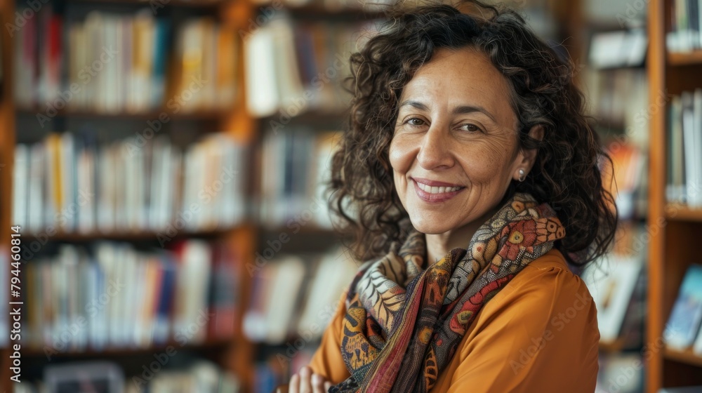 beautiful middle aged woman in a library smiling at the camera with blur background beautiful middle aged woman in a library smiling at the camera with blur background