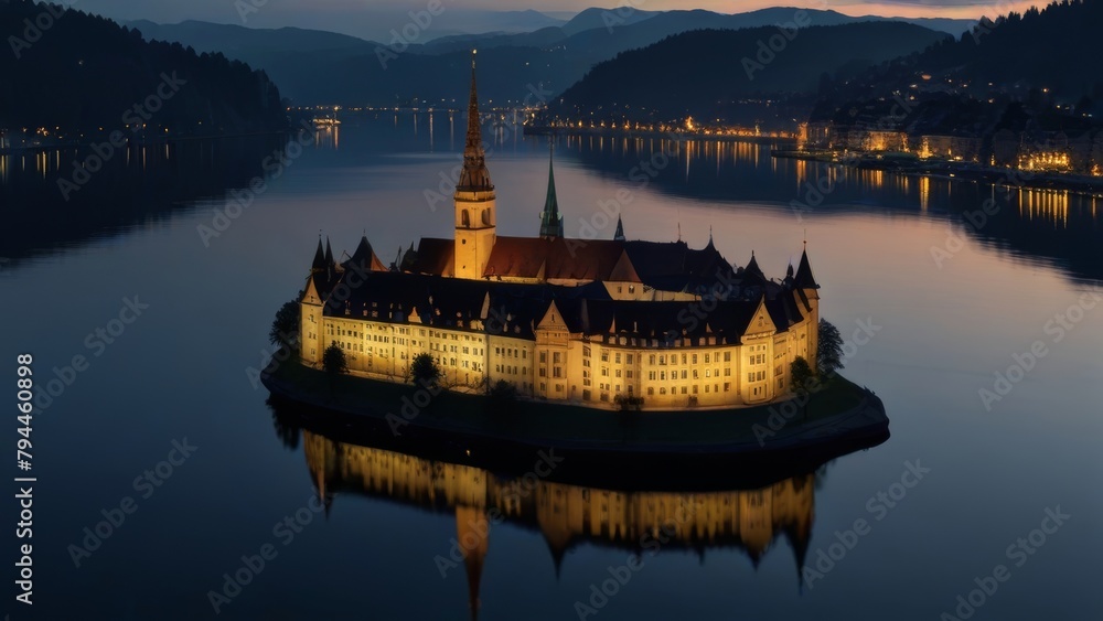 Fototapeta premium Illuminated Island Castle at Dusk