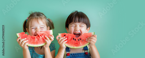 Cute Summer Kids Eating Wat...