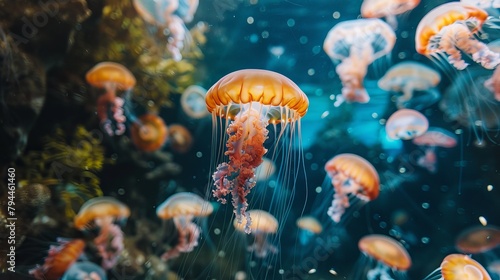 Visualize the serene beauty of jellyfish gracefully swimming in an aquarium, their translucent bodies gently pulsating as they glide through the water.  © Marry