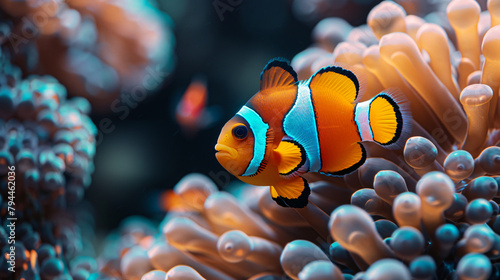 Vibrant clown fish swimming in a colorful underwater © Sameer