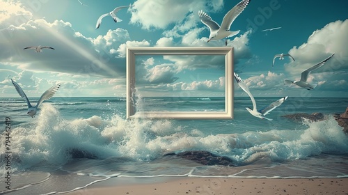 
Visualize a surreal and enigmatic picture featuring flying birds within a frame against a beach landscape. The birds soar gracefully through the sky