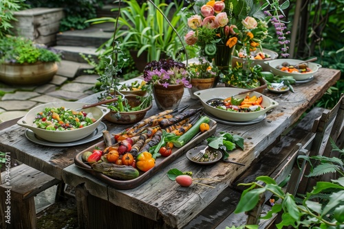A rustic wooden table set in a serene garden, adorned with dishes of grilled organic vegetables and fruits, highlighting a farm