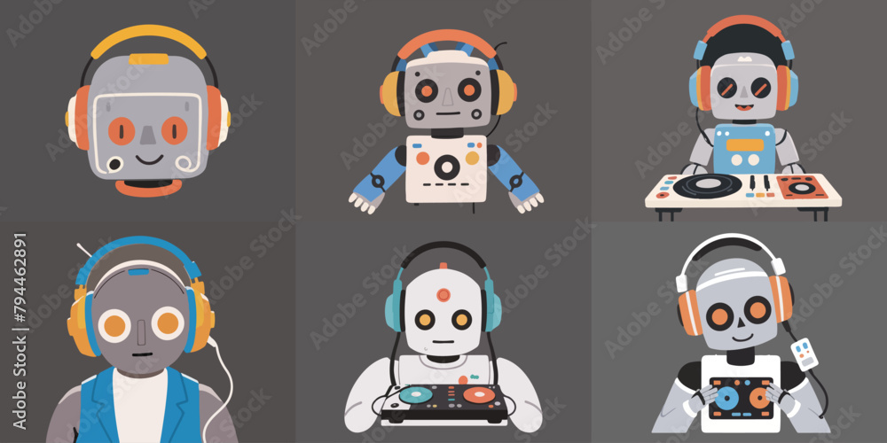 Set of Icons Illustration of a DJ robot with a large headphone-shaped head performing on a stage made of controller buttons. EPS 10. Set of Icons Illustration of a DJ robot with a large headphone-shaped head performing on a stage made of controller buttons. EPS 10.