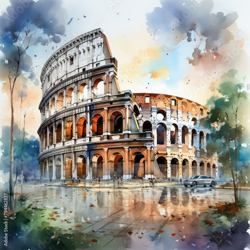 Watercolor colosseum, clipart Illustration, Generative Ai