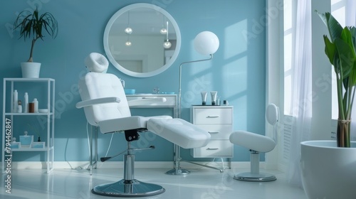 Cosmetologist s empty office with care cosmetics and massage table in a modern beauty salon. Medical cabinet interior. Modernized cosmetic center for health care.