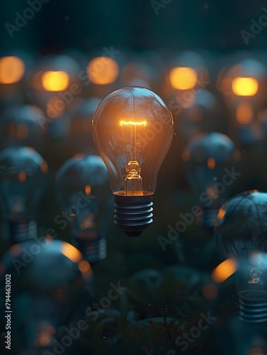 A single glowing lightbulb stands out among shut-off bulbs in a dark area, symbolizing creative thinking, problem-solving, and outstanding solutions