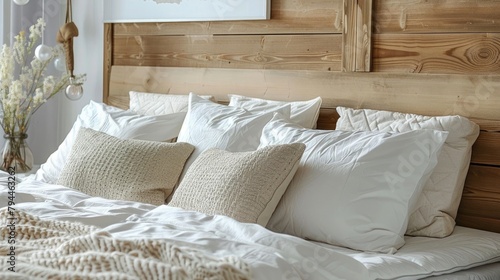 country interior design of modern bedroom with white and cream pillows on bed