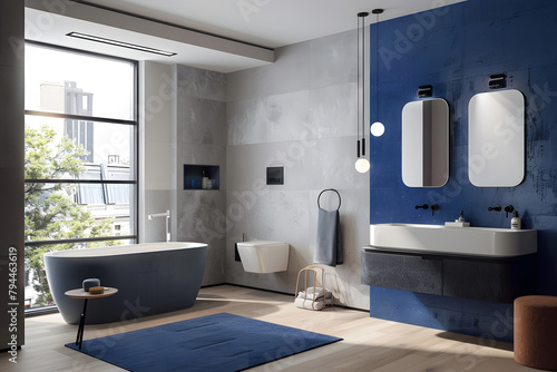 Contemporary modern bathroom interior in light blue colors, concrete and marble elements.