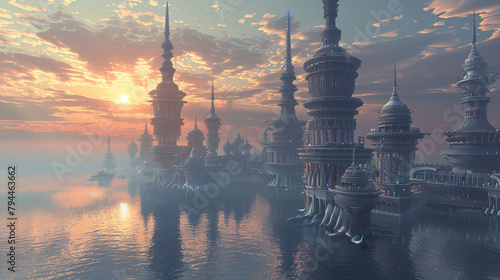 A futuristic metropolis rising from the depths of a tranquil ocean, its towering spires aglow with the soft hues of a sunrise, a beacon of innovation amidst the boundless seas.