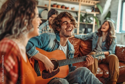 a group of friends sat singing and playing guitar together while laughing.