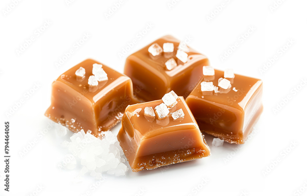Caramel candy in milk caramel sauce with salt crystals isolated on white background. Caramel candy in milk caramel sauce with salt crystals isolated on white background.