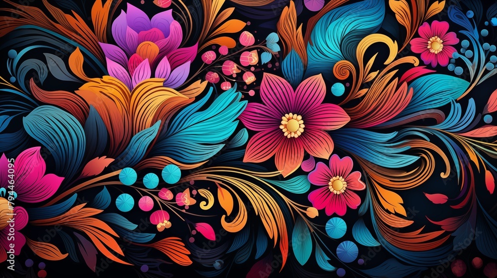 Colorful Floral Illustration with Intricate Swirls and Vibrant Design Patterns