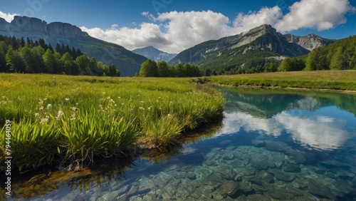 Scenic Mountain River With Green Grass And Blue Sky In The Alps