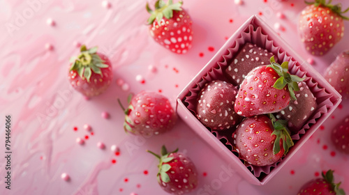 Glazed strawberries with sprinkles in a gift box on a pink background. Summer dessert. Toip view. Copy space. 