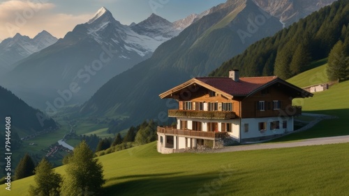 A Traditional Swiss Chalet In The Alps At Sunset © bersch28