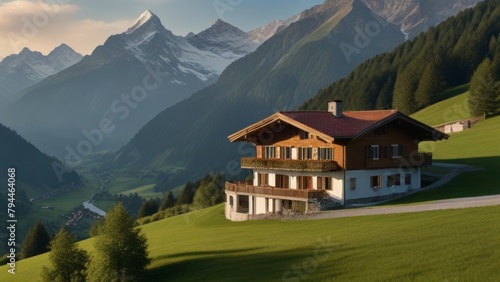 A Traditional Swiss Chalet In The Alps At Sunset