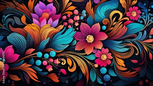 Colorful Floral Illustration with Intricate Swirls and Vibrant Design Patterns