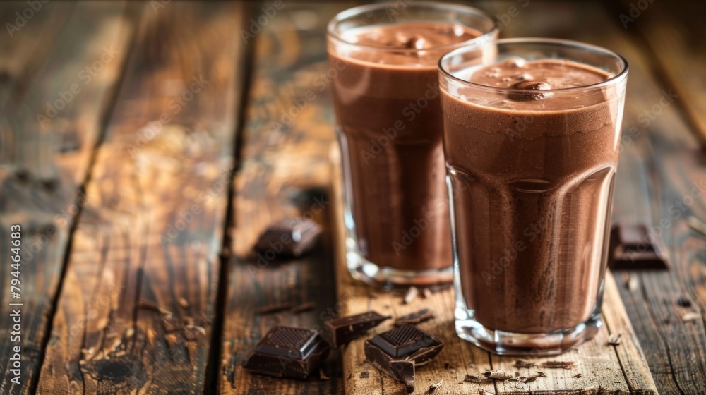 Glasses of chocolate milkshake on wooden table closeup Glasses of chocolate milkshake on wooden table closeup