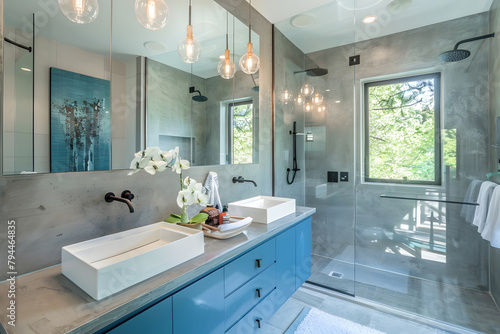 Contemporary modern bathroom interior in light blue colors  concrete and marble elements.