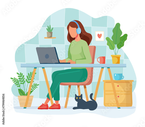Work at home. Woman in headphones sits at a desk with laptop and cat. Home office concept. Working girl, student or freelancer. Right sitting posture at computer. Hand drawn flat vector illustration.