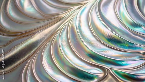 Glossy and shiny mother of pearl background. Abstract feather shapes in iridescent and pearly relief.