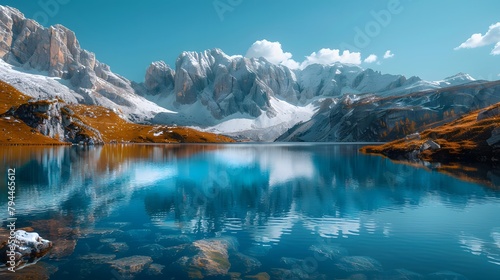 A serene alpine lake nestled between towering snow-capped mountains, reflecting the clear blue sky above hd 8k wallpaper 