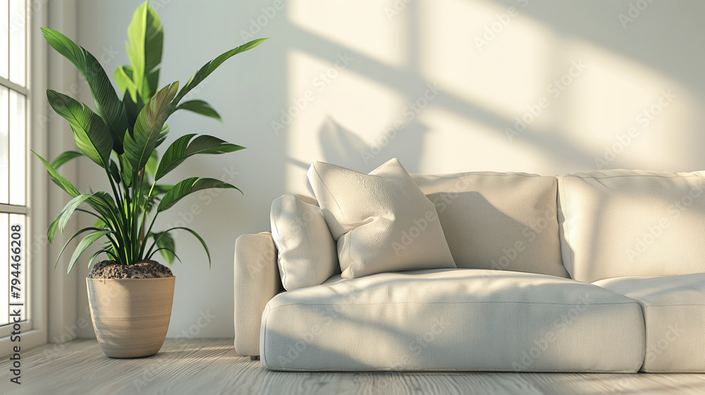 A beige sofa with plush cushions is softly lit by natural light streaming through a window. A potted plant sits beside the sofa, casting a shadow on the light-colored walls. A beige sofa with plush cushions is softly lit by natural light streaming through a window. A potted plant sits beside the sofa, casting a shadow on the light-colored walls.